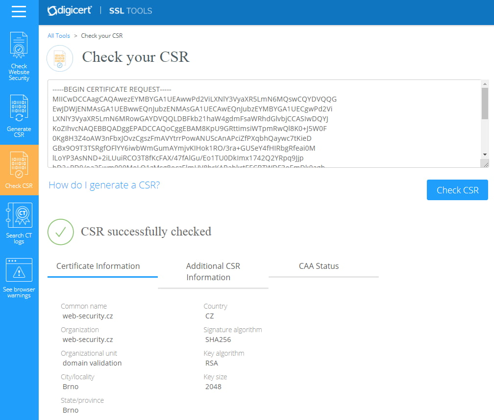 Kontrola CSR - DigiCert SSL tools