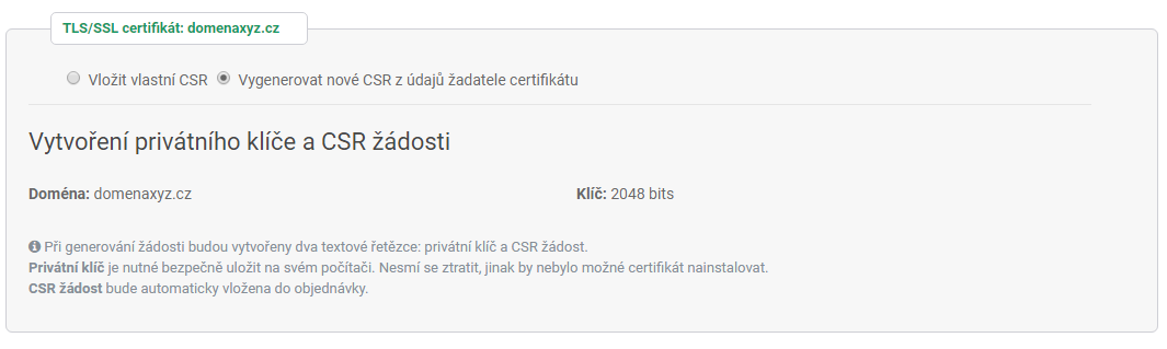 Vygenerovať nové CSR z údajov žiadateľa certifikátu